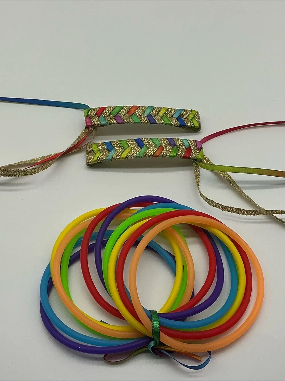 Metallic Gold and Rainbow 80s Barrettes & 12 Rainbow Jelly Bracelets
